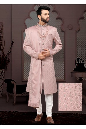 Pale Pink Sherwani With Embroidered Duppatta